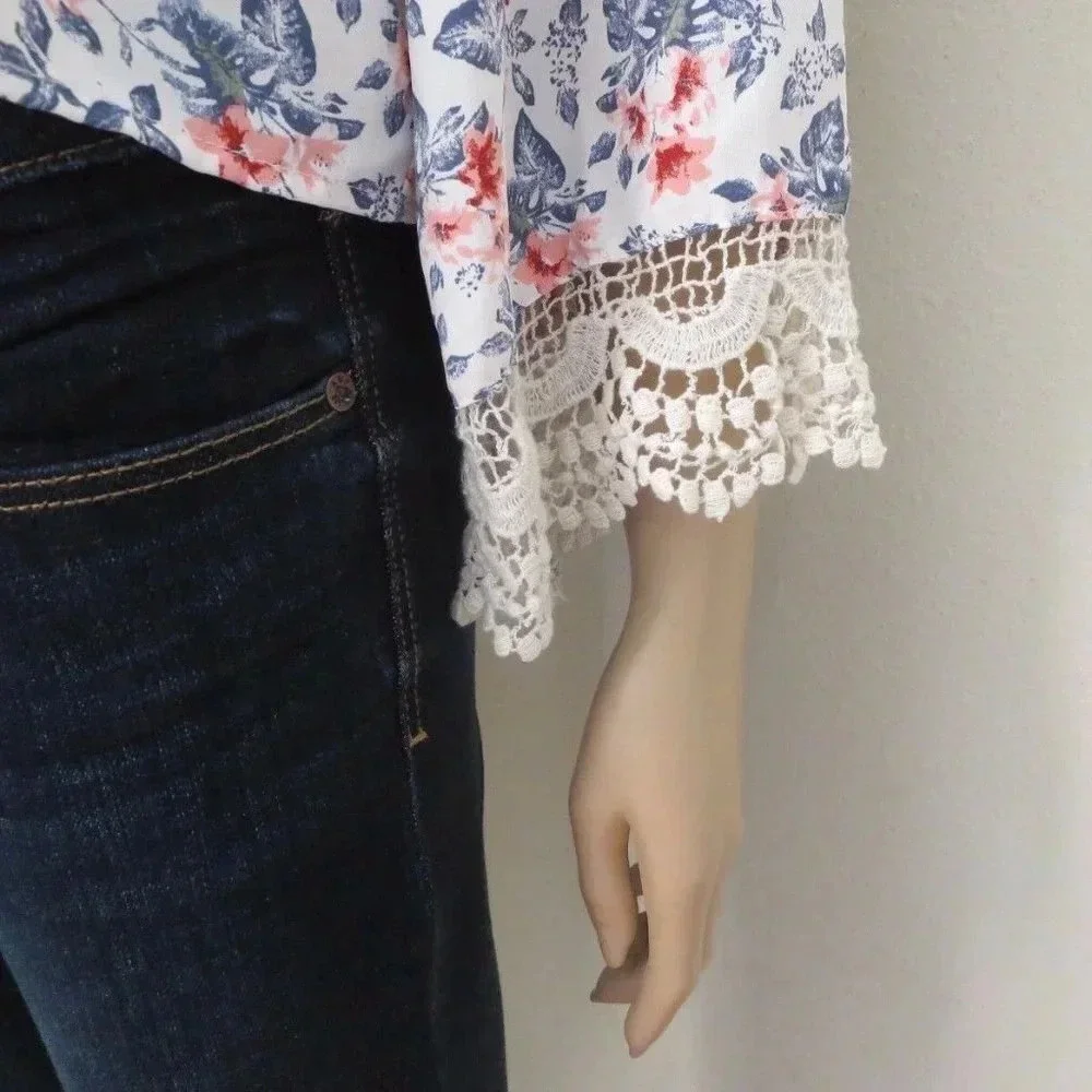 Hollister Floral Crochet Bell Sleeve Top Medium